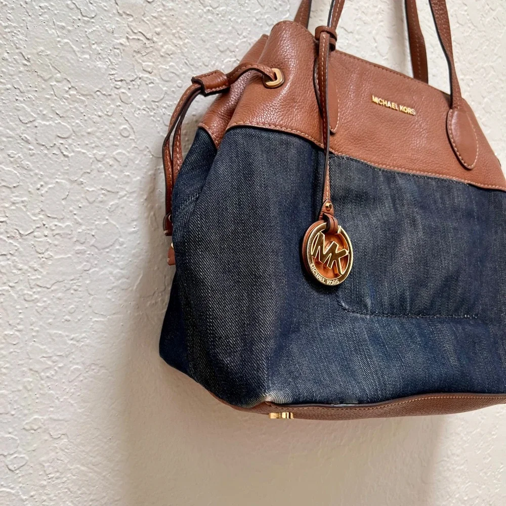 Michael Kors Marina Drawstring Denim Brown Leather Tote Shoulder Bag Designer